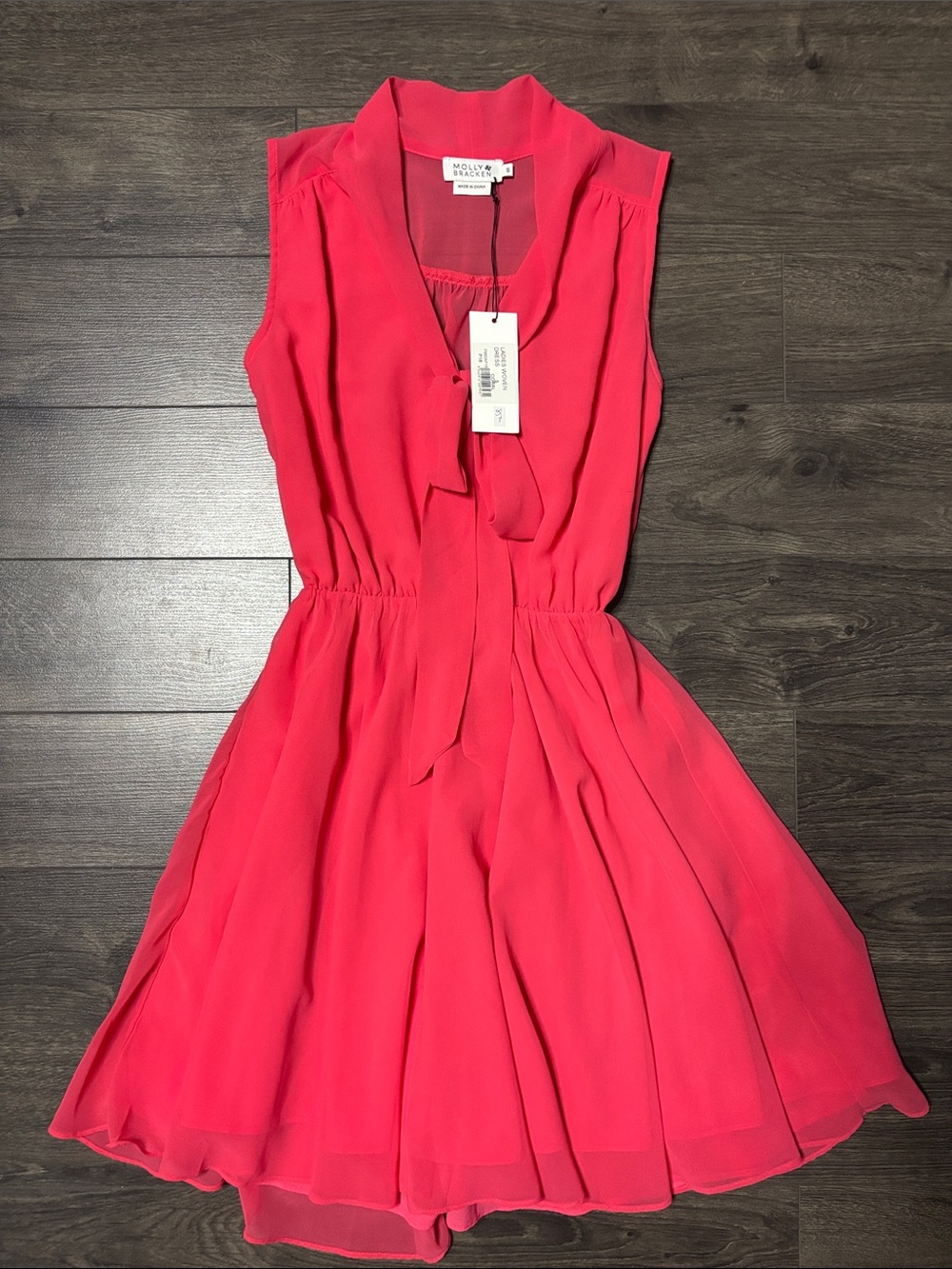 Molly Bracken Hot Pink Tie-Neck Chiffon Mini Dress